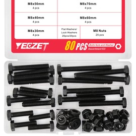 YEEZET 20 Set M8 Hex Head Screws Bolts and Nuts Flat & Lock Washers Assortment Kit Alloy Steel Grade 8.8 (30mm 40mm 50mm 60mm 70mm)