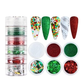 6 Boxes Christmas Nail Powder Extra Fine Glitter in Snow White, Santa Red and Christmas Green Color, Christmas Nail Art Sticker Sequins Nail Art Confetti in Xmas Tree Snowflake Star Shape