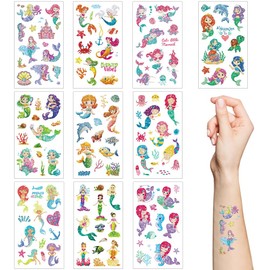 Glitter Temporary Tattoo for Kids,10 Sheets Mermaids Tattoo Stickers Featured Marine Animal Patterned for Girls Boys Kids, Waterproof Fake Tattoos for Birthday Party Favors Goodie Bags Stuffers Party Fillers