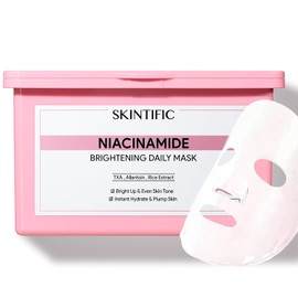 SKINTIFIC Mascarilla Facial Aclaradora con Niacinamida y Ácido Tranexámico, 30 Piezas | Mascarilla para Manchas y Brillo Instantáneo, Hidratación Profunda con Extracto de Arroz, Tratamiento Diario de 10 Minutos
