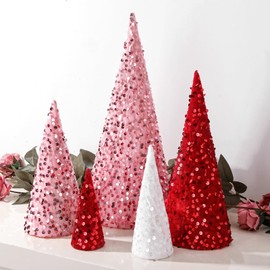 Bunny Chorus Valentines Decorations, 5Pcs Pink Red White Velvet Cone Valentine Trees with Glitter Sequins Surface, Valentines Day Decor for Valentines Day Table Home Décor Valentine Gift for Her