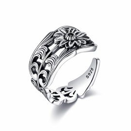 HUKKUN Sunflower Spoon Ring Sterling Silver Sunflower Adjustable Thumb Ring for Women Sunflower Jewelry Gift for Women, Metal, No Gemstone