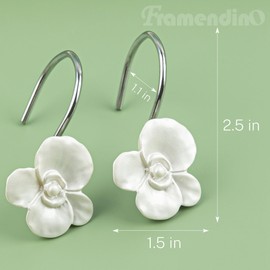 Framendino, 12 Pack Resin Rose Curtain Hooks White Flower Shower Decorative Floral Hanger for Bathroom Bedroom Living Room