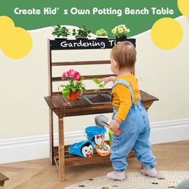 KOTEK Kids Potting Bench, Fir Wood Outdoor Mud Table with 4 Pots, Chalkboard, Removable Sink, Storage Shelves, Mud Kitchen for Kids Outdoor Garden, Gift for Boys Girls 3+