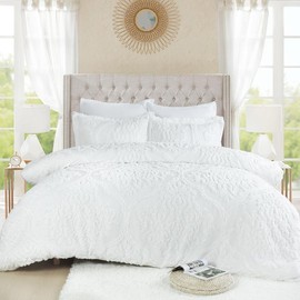 HIG Boho Modern Tufted Bed in a Bag 7 Pieces Vintage Damask Comforter Set new comforter - Color: White, Bedding Size: King