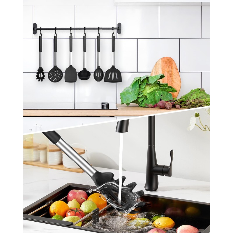 Silicone Cooking Utensil Set, 8Pcs Non-stick Cookware with Stainless Steel