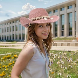 GEMVIE Women's Summer Straw Cowboy Cowgirl Hat Sun Hats Wide Brim Beach Holiday Straw Hat with Shell Band-Pink