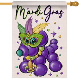 Artofy Mardi Gras Purple Bead Dog Large Decorative House Flag, Mask Feather New Orleans Carnival Yard Garden Outside Decor, Fleur De Lis Masquerade Burlap Outdoor Home Decoration Double Sided 28 x 40
