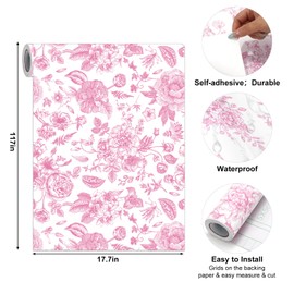JarThenaAMCS White Pink Floral Self Adhesive Shelf Liner Contact Paper Vintage Flower Peel and Stick Wallpaper for Wall Furniture Cabinet Drawer Decal, 17.7 x 117 Inch