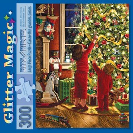 Bits and Pieces – Large 300 Piece Jigsaw Puzzle for Adults – Embellished Glitter - Children Decorating The Christmas Tree by Artist Liz Goodrick Dillon, Completed Puzzle Size: 20" x 27"