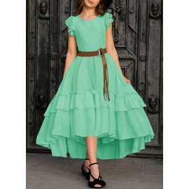 HOSIKA Girls School Party Dress Vintage Boho Flower Lace High Low Ruffle Hem Flowy Maxi Dress Aqua Green 6-12 Years L