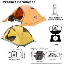 Waterproof 4 Season 2 Person Camping Tent with Footprint,Lightweight Backpacking Winter Tent Easy Setup All Weather for Outdoor Hiking,Travel,Mountaineering,Survival(Orange)