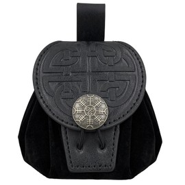 HiiFeuer Medieval Embossed Faux Leather Belt Bag, Retro Renaissance Portable Belt Bag, Purse, Cube Bag for LARP Ren Faire/Carnival (Black C)