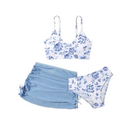 COZYEASE Girls' 3 Piece Set Floral Print Bikini Swimsuit with Drawstring Beach Skirt Cute Ruched Bathing Suit Blue with White 11 v