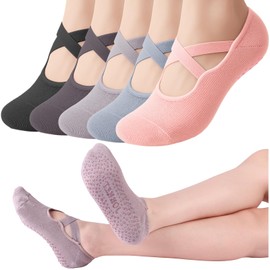 Utensilsto 5 Pairs Pilates Non-Slip Socks Women's Yoga Non-Slip Socks Grip Stopper Socks with Cross Straps Ballet Dance Socks Women for Dance, Barefoot, Trampoline, Home, Hospital, EU 35-40