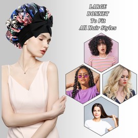 Wendbare Duschhaube für Damen, Blumenpflanzen Satin Schlafhauben Doppellagige Seidenhaube zum Schlafen Haarhaube mit Bindeband(Blume/Schwarz)