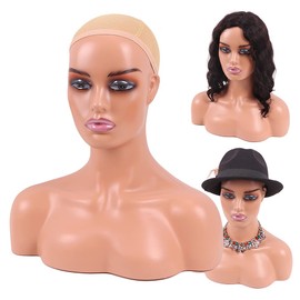 Realistic Female Mannequin Head with Shoulder for Display - Manikin Head with Shoulder for Wig/Jewelry/Makeup/Hat/Sunglass Display (Light Brown-Sliver Lips)