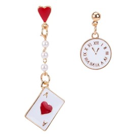 ANDPAI Unique 14K Gold Plated Asymmetric Clock Poker Playing Cards Red Hearts A Dangle Earrings Long Round Alarm Clock Drop Stud Earrings for Women Gambling Casino Jewelry Gifts (Red)