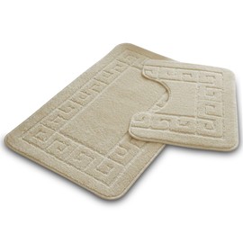 VELVETIO Bath Mat Set 2 Piece Machine Washable for Bathroom, Jacquard Greek Non Slip Quick Dry Shower Rugs & Bathtub Mats, Highly Water Absorbent 100% Polypropylene Toilet Rug Sets, Cream