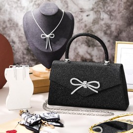 Abbylike 4 Pcs Women Rhinestone Evening Clutch Bag Silver Bling Earring Necklace Boknot Extender Chain for Party Jewelry Set (Black)