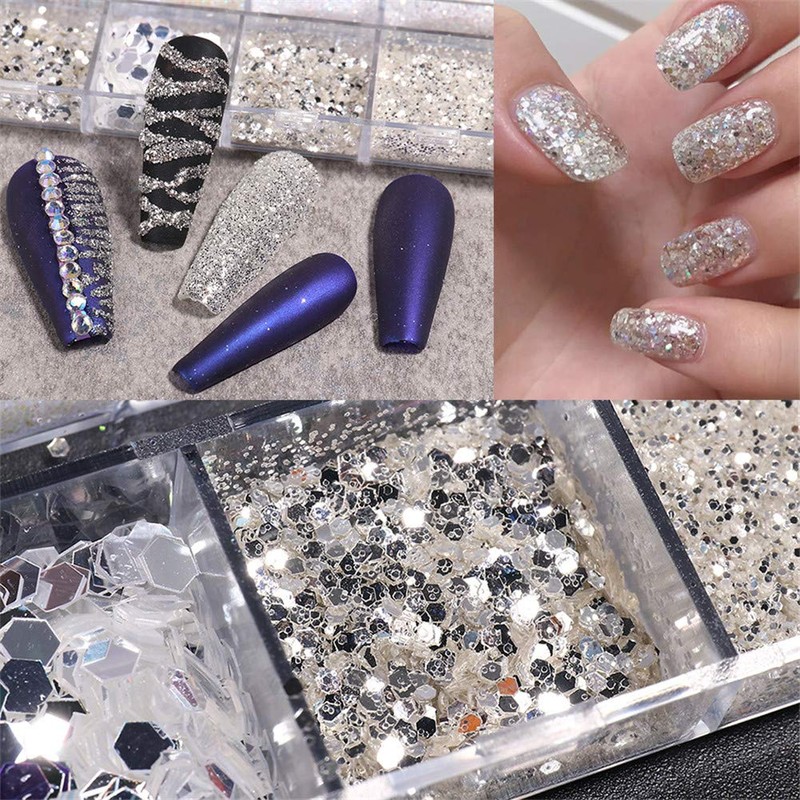 1 box 12 patterns silver holo glitter nail parts nail
