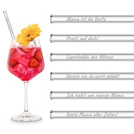 HALM Glass Straws Mother's Day Gift 6 x 20 cm with "Mama ist die Beste" Sayings Gift for Mother's Day Reusable