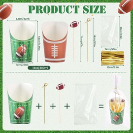 RANERVZ 100 Set Football Charcuterie Cups with Cocktail Picks and Bags, 14 Oz Disposable Kraft Paper Appetizer Cups Football Party Snack Cups for Football Birthday Party Baby Shower Food Takeout