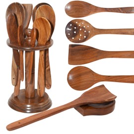 Wooden Cooking Spoons – 8 Pcs Teak & Acacia Wood Kitchen Utensil Set with Rotating Holder, Spatulas, Salad Fork, Skimmer, Spoon Rest, Wooden Knife – Nonstick, Heat-Resistant, Natural Utensils