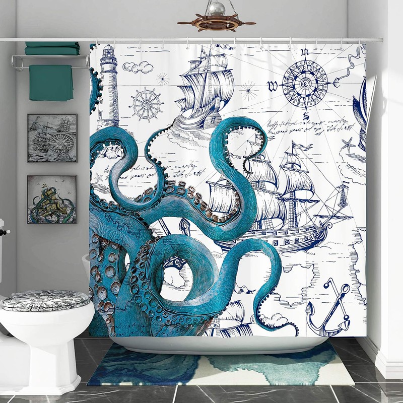 DESIHOM Blue Nautical Octopus Tall Shower Curtain Set, Funny Ocean