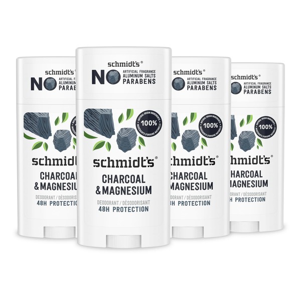 Schmidt's Aluminum-Free Vegan Deodorant Charcoal & Magnesium with 24 Hour Odor Protection, 4 Count for Women and Men, Natural Ingredients, Cruelty-Free, 2.65 oz
