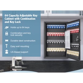 Barska 64 Position Key Lock Box – Wall Mount Steel Key Cabinet with Numbered Hooks, Index Log, Colored Key Tags for Home or Office
