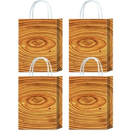 16 Pieces Camping Wood Grain Slice Goodie Bags for Camping Woodland Baby Shower Birthday Party Supplies,Rustic Wood Gift Snacks Treat Party Favors Bags with Handles for Kids Adults