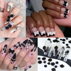 100 Pcs Flower Nail Charms Black White Design Mixed Flowers Bow Bear Nail Supply Black White Flowers Bows Bear Nail Art Charms for Women DIY Manicure Tips Flowers Nail Decoration Accessories