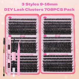 Bransfy 3 Styles 708pcs Lash Clusters Kit DIY Lash Extension Kit D Curl Eyelash Extensions 9-16MM Cluster Lashes with Waterproof Lash Bond and Seal Tweezers and Brush(50D+60D+80D,Kit)