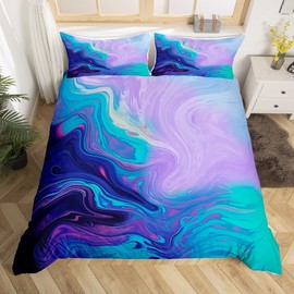 Feelyou Marble Printed Bedding Set for Girls Boys Children Abstract Art Comforter Cover Decorative Modern Bright Duvet Cover Purple Teal Bedspread Cover Full Size 3Pcs Bedclothes