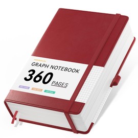 NORDUN Graph Notebook A5 Thick Journal,360 Pages Squared Notebooks for Writing,100gsm Paper Hardcover Leather Journal for Office School Work Women Men,Sticky Tabs,14.5 x 21cm - Red