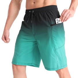 zeetoo Mens Swim Trunks with Compression Liner 9" Inseam Quick Dry Swim Shorts with Zipper Pockets Bathing Suit Gradient-Green L