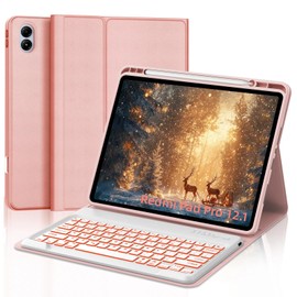 IVEOPPE Keyboard Case for Xiaomi Redmi Pad Pro 12.1 Inch 2024/Xiaomi Poco Pad 12.1", 7 Colors Backlit, Detachable Bluetooth Wireless Keyboard Slim PU Stand Cover with Pencil Holder,Rose Gold