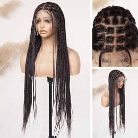 FABÉLLE 32 Inch Brown Knotless Box Braid Wigs Transparent Single Full Lace Wigs for Black Women Long Synthetic Braided Wig with Baby Hair #4 Brown Color