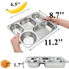 Tebery 3 Pack Stainless Steel Rectangular Divided Plates Tray, 5 Sections Dinner Plates for Adults,Kids, Picky Eaters, Campers, and Portion Control