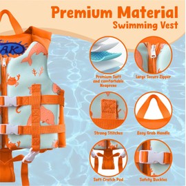 Soak Kids Swim Vest - Toddler Pool Floaties Adjustable Safety Strap Swimming Aids for Toddlers Children Float Swimsuit, Suitable for Age 1-6years/24-66lbs (Orange, S(for Kids 2-4 Years, 24-33 lbs))