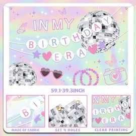 In My Birthday Era Party Backdrop Banner 5x3Ft, Disco Ball Design with Pastel Rainbow Background Birthday Banner, Photo Booth Decoration Banner