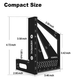 ViewReal Multi-Angle Measuring Ruler,3D Woodworking Square, 22.5-90 Degree Aluminum Alloy Protractor for Precision Carpentry, Engineering & DIY Projects, Laser Etched, Durable, Portable - Black