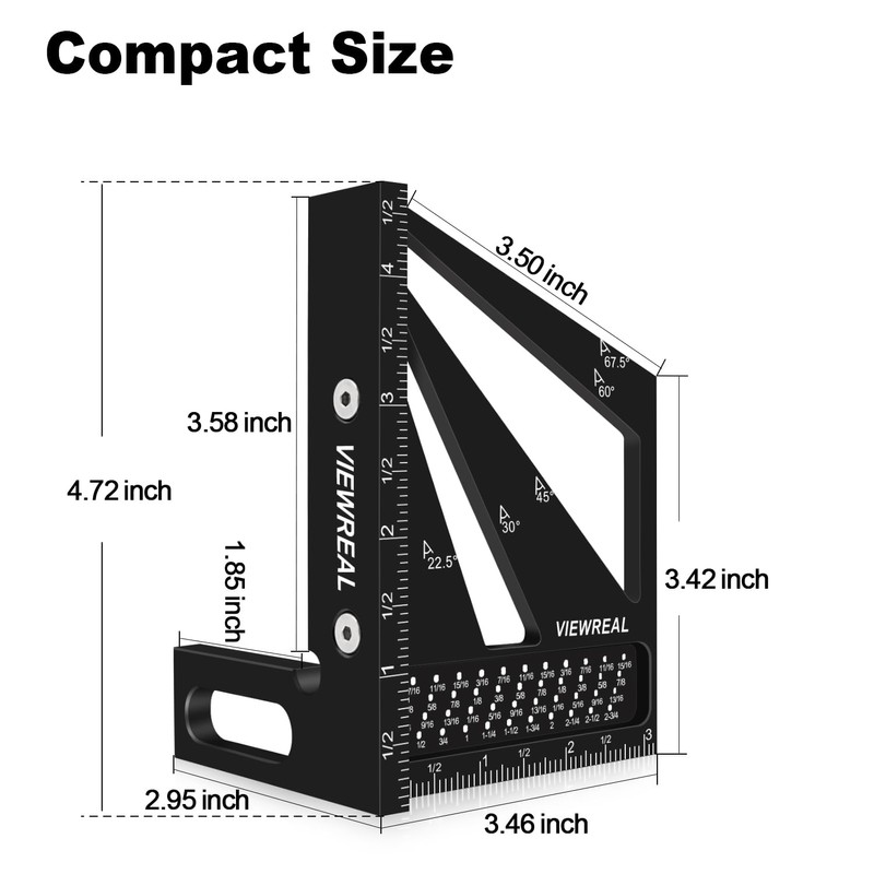ViewReal Multi-Angle Measuring Ruler,3D Woodworking Square, 22.5-90 Degree Aluminum Alloy