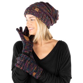 Funky Junque Women's Knit Hat and Gloves Set Matching Winter Beanie Touchscreen Gloves Slouchy Warm, Four Color Mix - #32