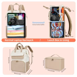 BERTASCHE Lunch Backpack for Women, 15.6 Inch Laptop Backpack with Insulated Cooler Lunch box, Nurse Backpack for Teacher Work Travel College Picnic, Khaki-Beige