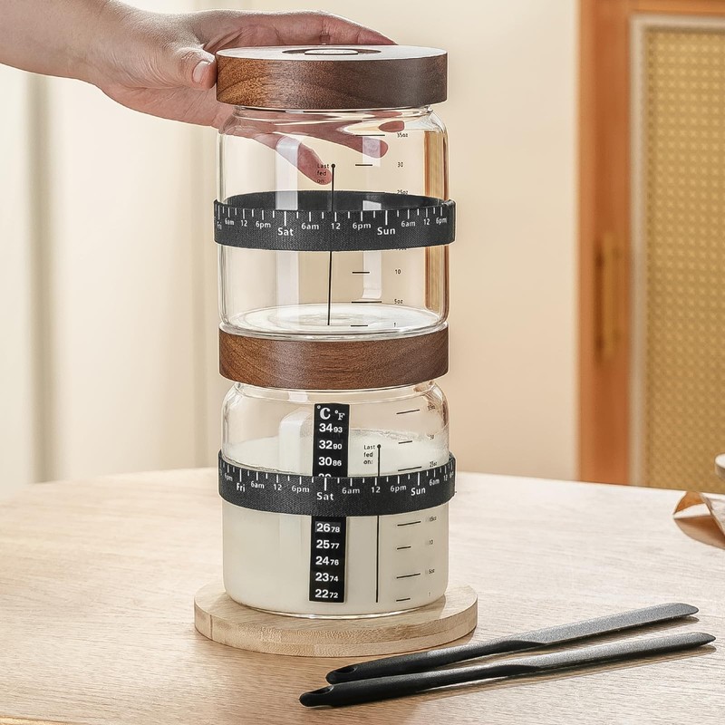 Sourdough Starter Jar 2Pack，Wood Sealed Lid with Automatic Exhaust,35OZ with