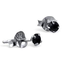 Black Round CZ Stud Earrings - 925 Sterling Silver - Extra Small 3mm