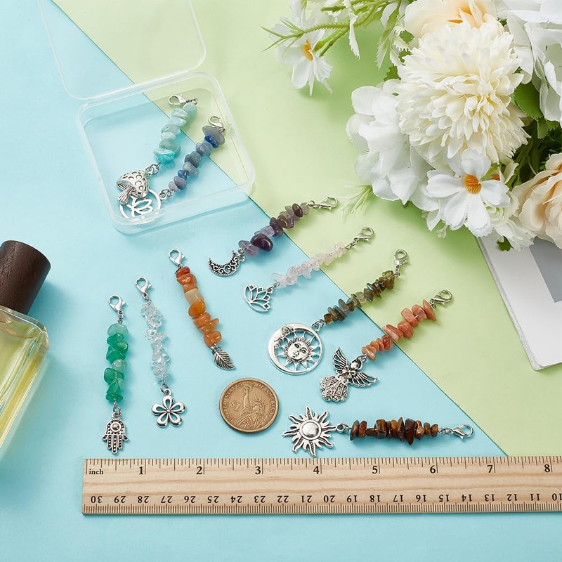MAYJOYDIY 10Pcs Crystal Keychain Charms Natural Chip Gemstone Pendant Sun