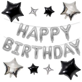 Happy Birthday Balloons Banner, Silver Happy Birthday Foil Balloons 16 Inch Mylar Foil Letter Balloons with 8 Pcs Black Silver Star Balloons for Women Men Boys Girls Silver Birthday Party Decorations